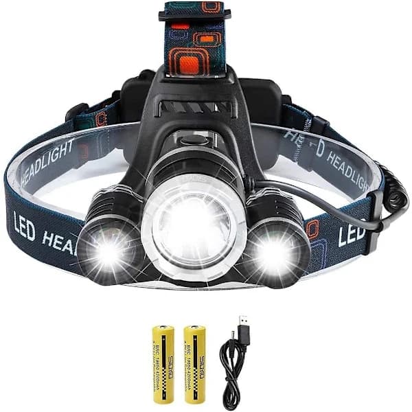 Rechargeable LED Headlamp, 5000 Lumens, Super Bright T6 LED Headlight, Waterproof Headlamp with 2 Batteries, USB Charging Cable for e.g.