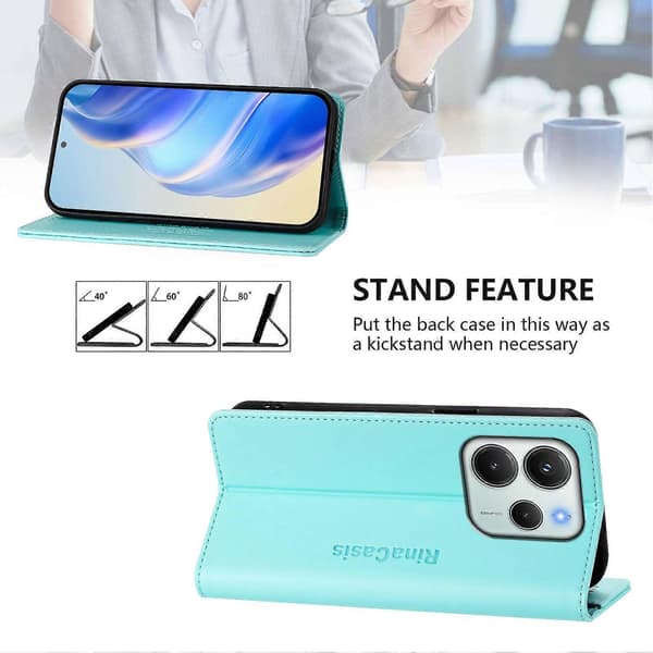 Läderplånboksfodral med stativ för Xiaomi Redmi Note 14 4G (164.84mm) (Mintgrön)
