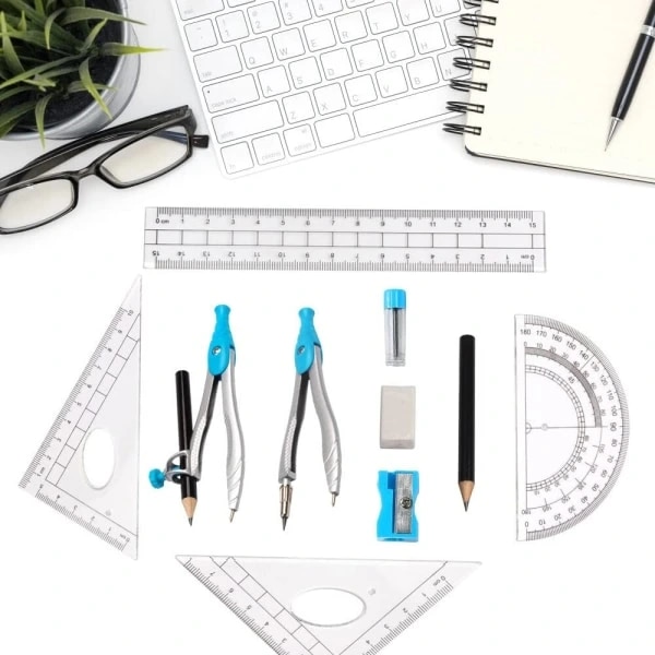 Math Set, 10 Pieces Protractor Geometry Set, Metal Compass Math with Eraser Ruler, Protractor and Compass Set, Math Set (Blue)
