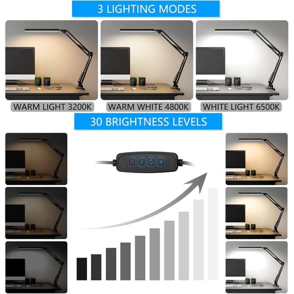 LED-skrivebordslampe med klemme - 3 lystilstande x 10 lysstyrkeniveauer - Sort
