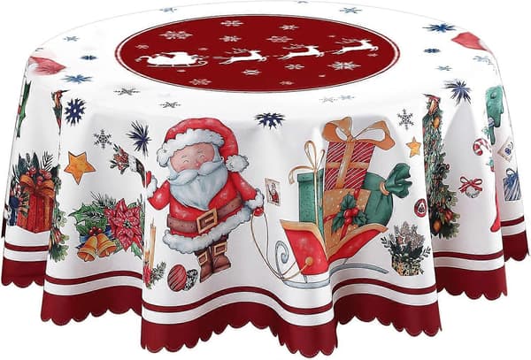 Julrund duk 120cm diameter röd polyester tomte design rund julduk rund duk