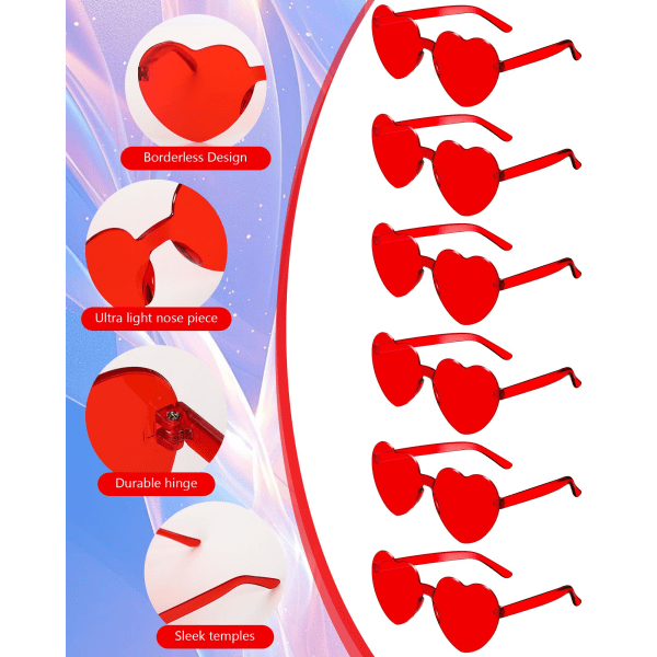 Hjerteformede briller, hjerteformede stelfri briller, trendy gennemsigtige farvefest solbriller Red 13pcs