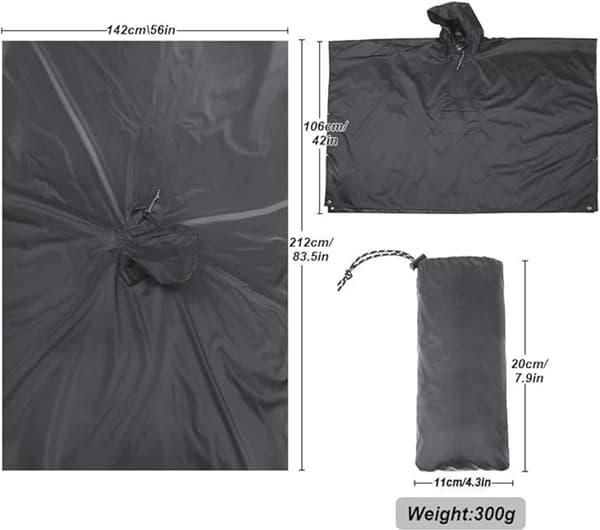 Poncho - 210*140cm Vandtæt Regnponcho, Genanvendelig, Med Hætte, med Brystlomme & Opbevaringspose - til Rejser, Camping - Grå