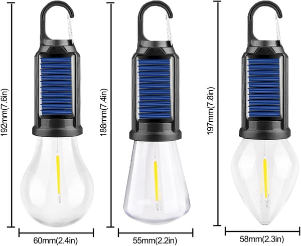 Genopladelig LED-campinglampe 3-pak, retro-pærer, 3 lystilstande, solcelle-hængelamper til telt med krog