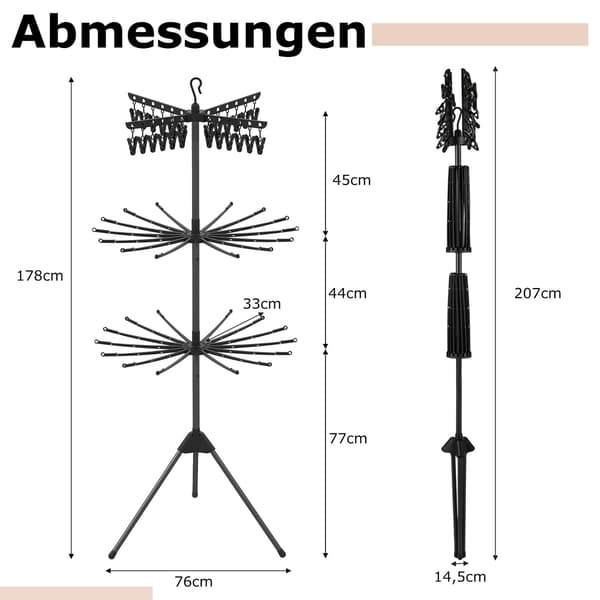 Hopfällbar torkställning för kläder i 3 nivåer, 178 cm, svart