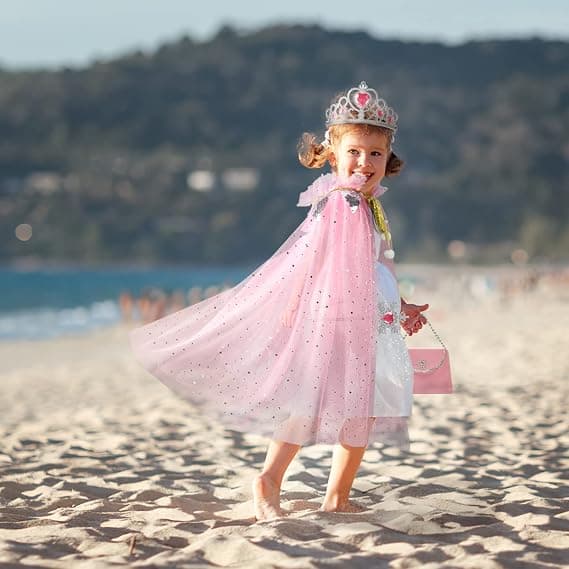 Lyserød Prinsessekjolesæt til Piger med Kappe & Krone, 11-delt Kostume til Alderen 3-8 [JUN] Pink Pink
