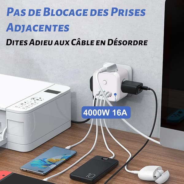 Terningformet stikkontakt-adapter 7-i-1 USB-lader 3 AC-uttak 4 USB-porter 4000W med strømbryter