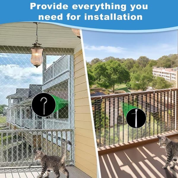Balkong kattsäkerhetsnät 3 x 8 m transparent, med fästrep, buntband och krokar