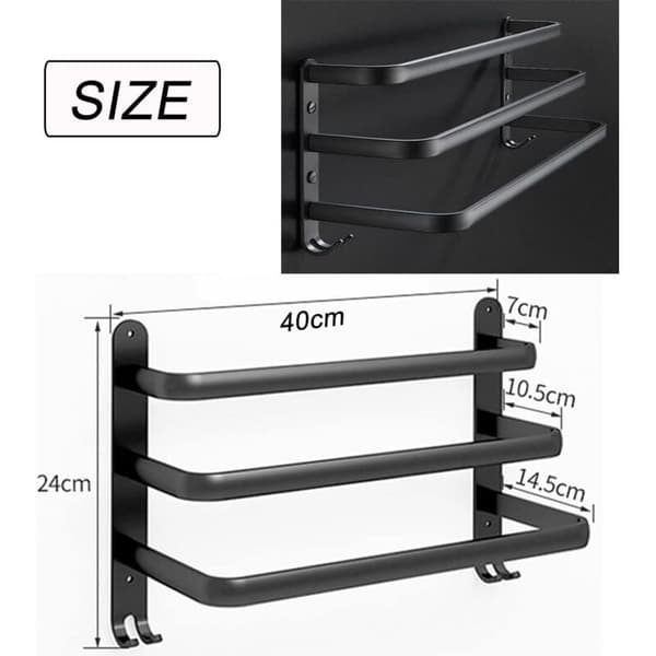 Vægmonteret håndklædeholder, mat sort, aluminiumslegering, 40 cm, 3 stænger, selvklæbende