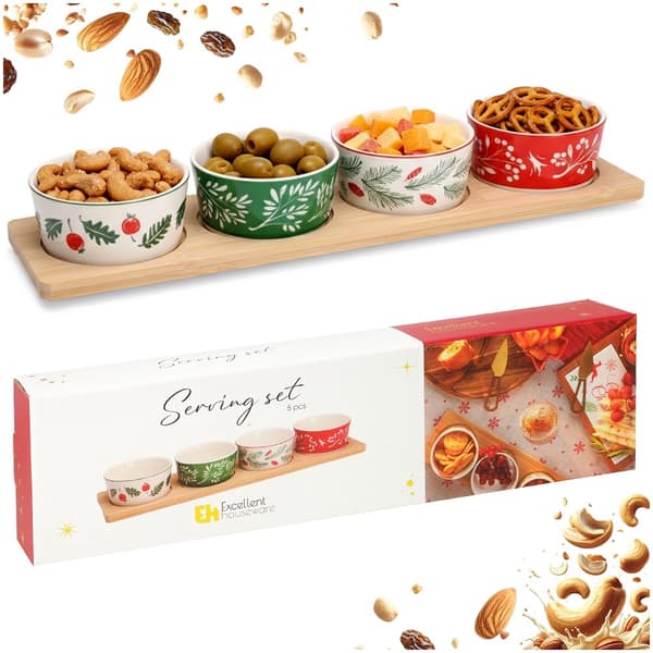 Snackskålsæt i porcelæn med bambusbakke – 5 dele