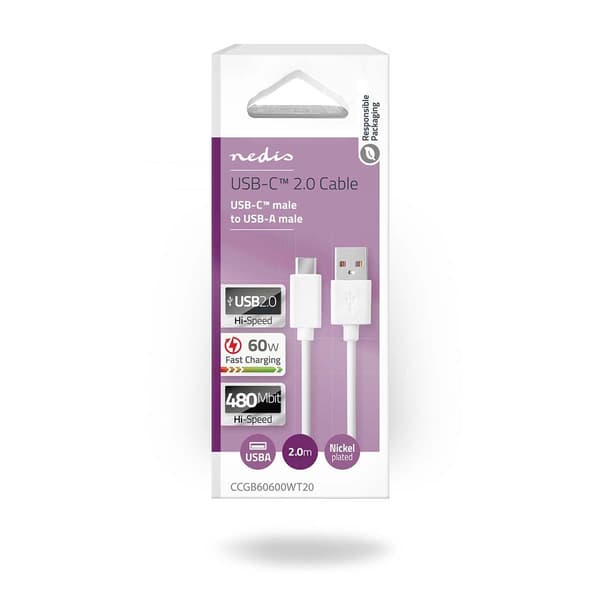 USB-C 2.0-kabel USB-A til USB-C 60 W 480 Mbps 2,00 m Hvit Vit