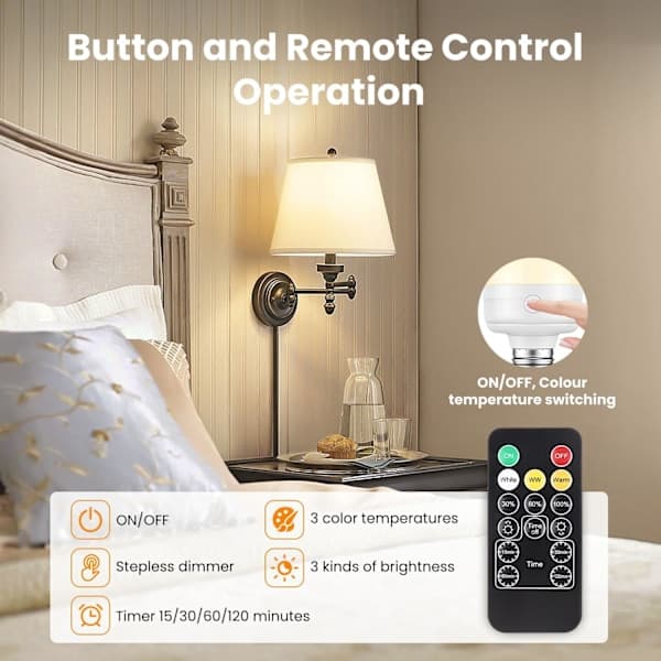 USB Rechargeable Light Bulb with Remote Control Timer, 7W Dimmable Battery Operated Light Bulb E27 Detachable Rechargeable LED Lamp