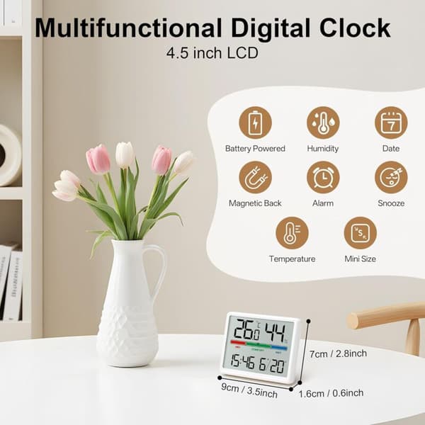 4,5\" LCD Batteridriven Digital Väckarklocka med Temperatur, Luftfuktighet, Datum och Alarm