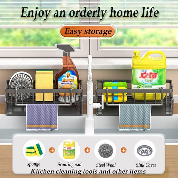 Black Sink Organizer with Self-Draining Sponge Holder, Towel Holder – for Kitchen and Bathroom