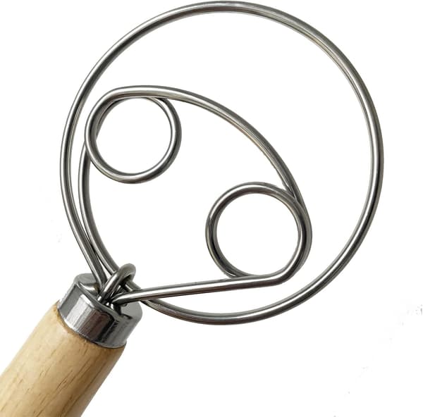 Double Eye Danish Dough Whisk in Stainless Steel, Egg Whisk with Wooden Handle, Bread Dough Mixer Tool for Kitchen