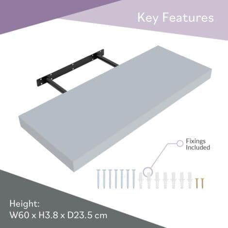 Flytande hylla, grå, 60 cm, 3,8 cm tjock ihålig panel, PVC, sovrum, kök, vardagsrum, kontor