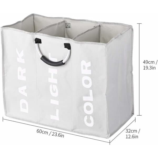 Laundry basket with 3 compartments, foldable laundry basket sorting basket laundry bag with aluminum handle (light gray)-