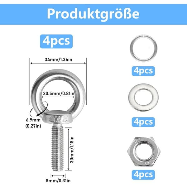 M8 x 30 mm Øjebolte til skruekroge, 304 rustfrit stål