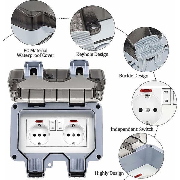 IP66 Waterproof Outdoor Socket Double Power Outlet and Protective Box Garden Wall Socket, Dust and Windproof Socket with Switch, Indicator