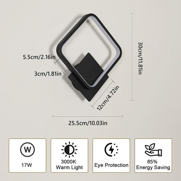 LED bedside lamp, black square wall lamp, simple and elegant, three adjustable colors.