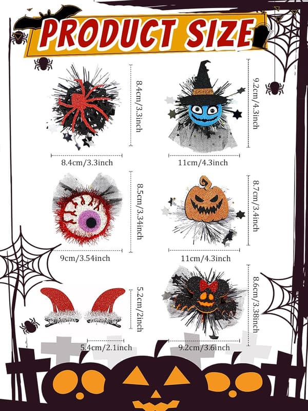 Halloween Hårspænder Sæt med 12 - Græskar Sløjfe Spøgelse Edderkop Djævlehorn Edderkoppespind 9x9,5 cm