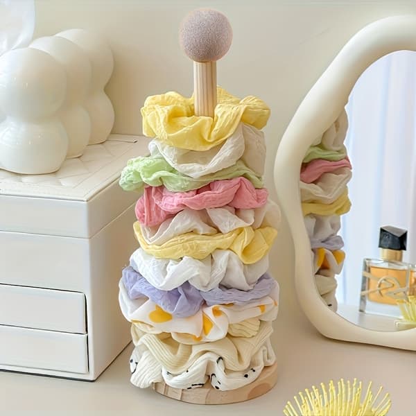 Solid Wood Hair Accessory Organizer, Multi-Layer Display Tower for Headbands, Hair Clips, and Jewelry