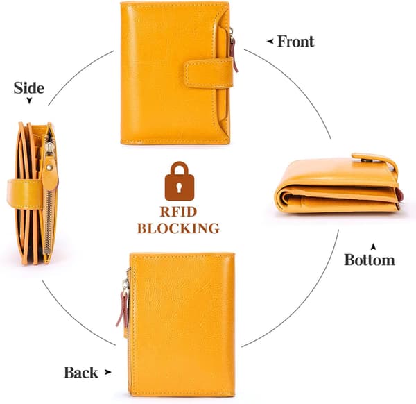 Women's RFID Blocking Compact Leather Wallet with Zipper Pocket and ID Window yellow yellow