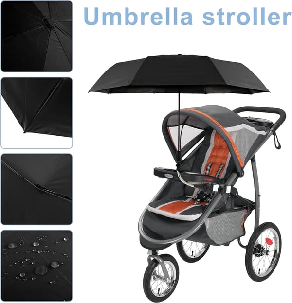 Universal Stroller Parasol 360° Adjustable Stroller Umbrella UPF 50+ Sun Protection Stroller Parasol with Adjustable Clamp Black Black
