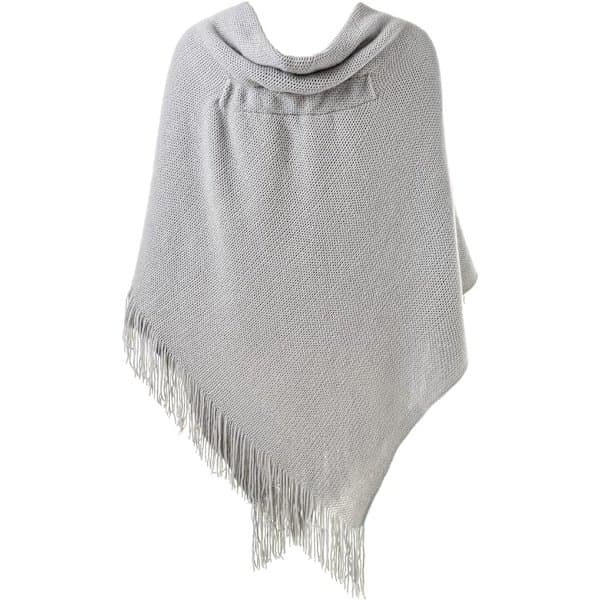 Elegant varm poncho sjal til kvinder (grå) åben front med frynser