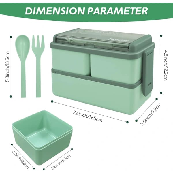 Stackable Lunch Box, 1400ml Container with 3 Removable Compartments and Cutlery, Leak-Proof 2-Layer Boxes (Green)