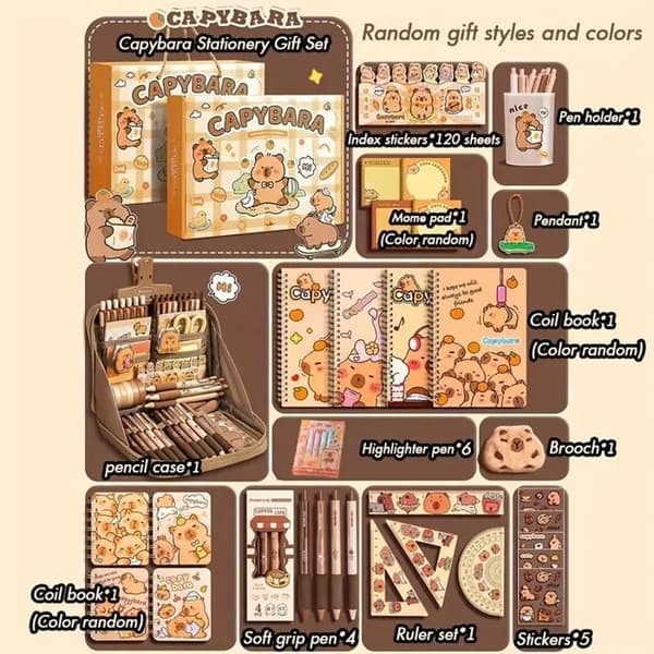 Kawaii Capybara Stationery Set: Includes Pens, Stickers, and Pencil Sharpener - Gift Box for Kids