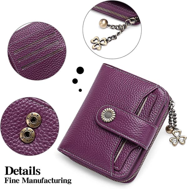 Compact RFID Protected Small Genuine Leather Wallet for Women - Dark Purple