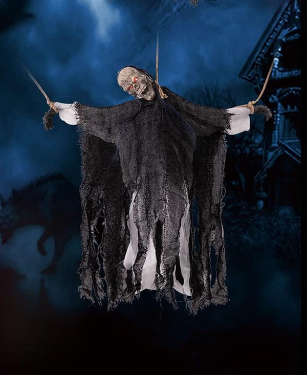 Halloween hængende spøgelse med røde LED-øjne og skrig, sort med 3 reb