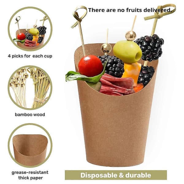 50 stk. 414 ml Kraft Charcuterie-kopper med 200 pinde (2 typer)