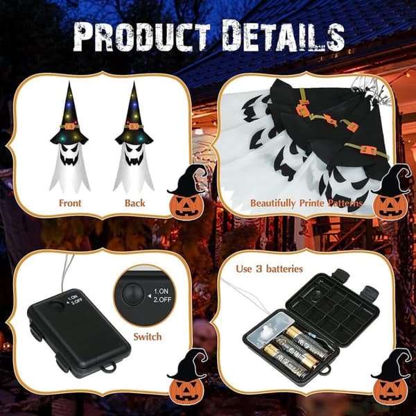 Halloween häxhattsljusslinga, 5-pack, LED, batteridriven, utomhusdekoration