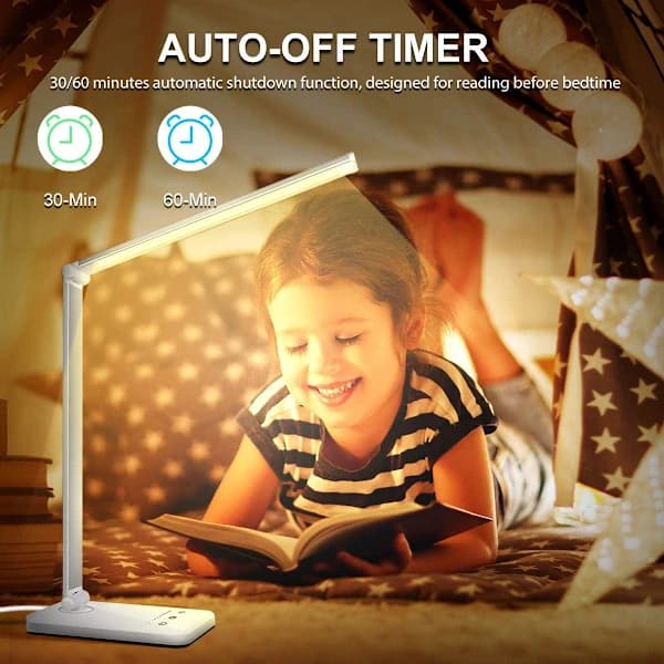 LED Skrivebordslampe Dimbar Bordlampe Leselampe med USB-ladeport, 5 Lysmoduser