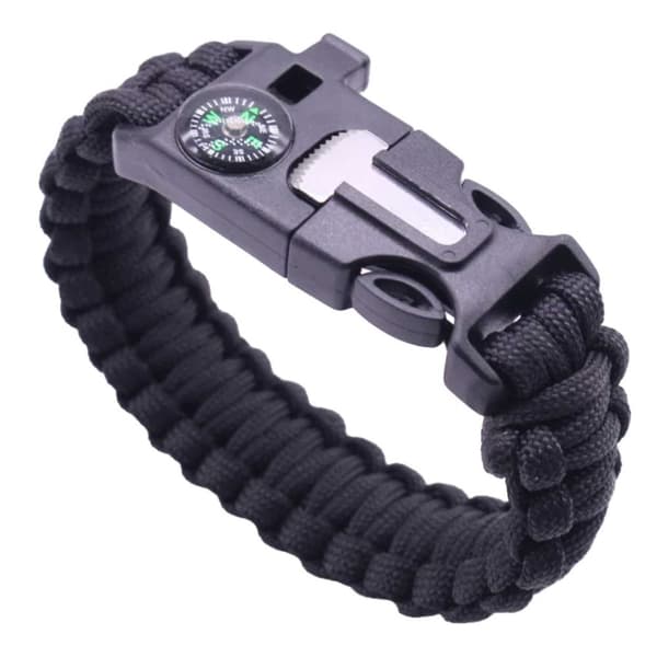 Paracord-rannekoru sytyttimellä, kompassilla ja pillillä, musta