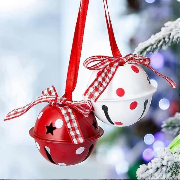 Christmas Tree Ornaments Bells 12 pcs Mini Classic Red and White with Buffalo Plaid Bow and Red Ribbon