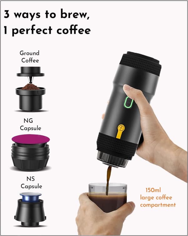 Portable Espresso Machine, 3-in-1 Portable Coffee Maker, 20 Bar Mini Espresso Machine, Self-Heating Travel Espresso Maker