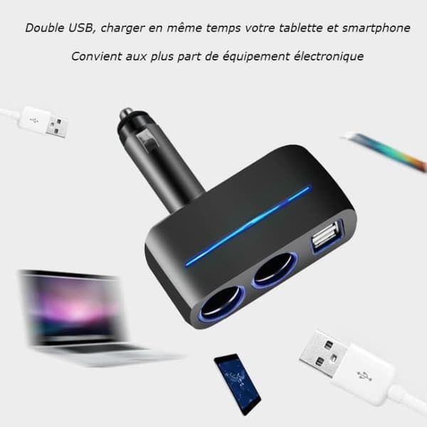 12V Multi-uttakslader - Ecent - 2 Sigarettenneruttak - 2 USB-porter - Integrert LED