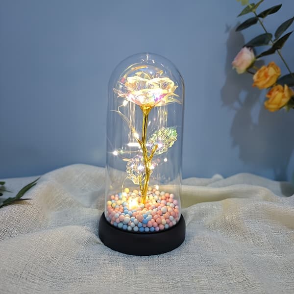 Illuminated Rose Decoration in Clear Dome, Battery-Operated Table Decoration 1pc Illuminated Whi 1pc Illuminated Whi