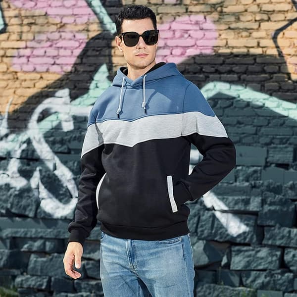 Herr Fleece Hettegenser Pullover Uformell Hettegenser Kontrastfarget Topp med Kengurulomme 90blue L 90blue L