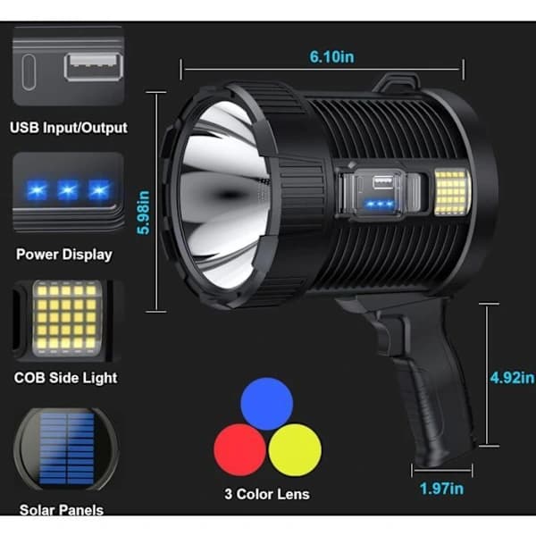 Oppladbar 100000 Lumen LED-hodelykt med solcellelading for utendørs bruk-FX-