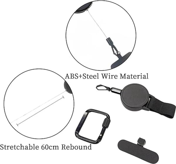 Infällbar stöldskyddslina för telefon, 2-pack, stålkabel, karbinhake, svart