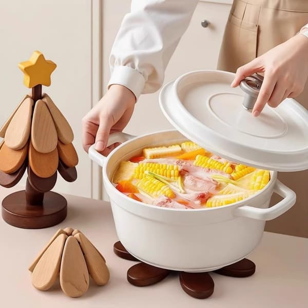 Hot Pot Wooden Trivet Set with Natural Wood Coasters Foldable Christmas Tree Non-Slip and Stackable
