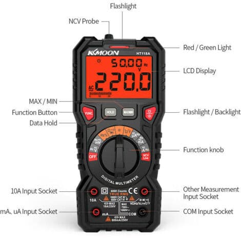 Digital bilmultimeter, TRMS 6000 tællinger (LED-terminalguide), Amperemeter, Professionel elektrisk tester, Temperatur, Kapacitans, AC/DC