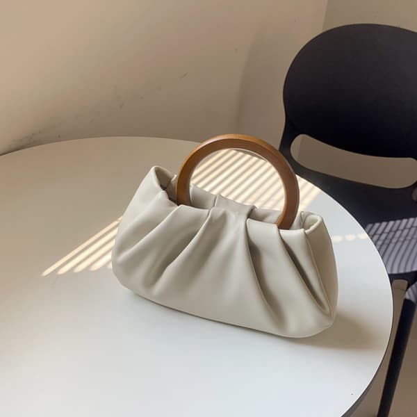 Vit-Nisch Design Sense Trähandtag Plisserad Molnhandväska Dam Mini Väska