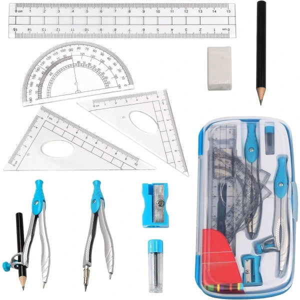Math Set, 10 Pieces Protractor Geometry Set, Metal Compass Math with Eraser Ruler, Protractor and Compass Set, Math Set (Blue)