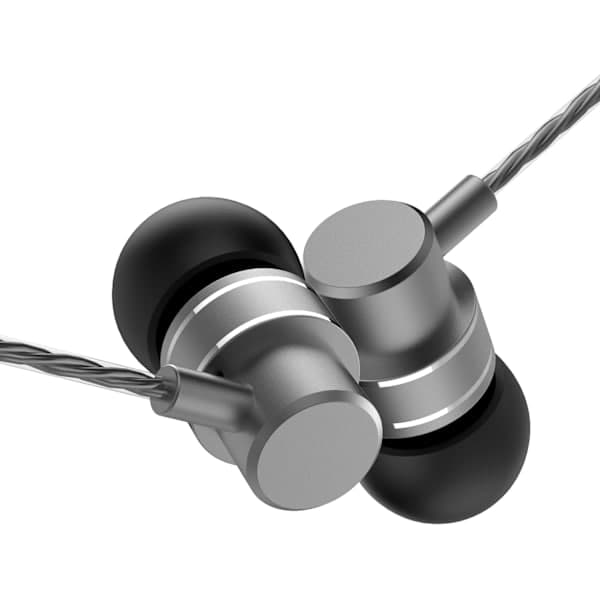 Sorte metalliske in-ear stereohovedtelefoner med kabel, mikrofon og 2,5 mm jackstik til iPhone, iPod, iPad og Samsung