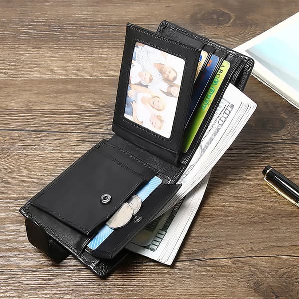 Pung til mænd Bifold RFID-blokerende læderpung sort 9 kortpladser 2 ID-lommer 2 seddelrum lynlåsrum 11,5 x 9,5 x 2 cm